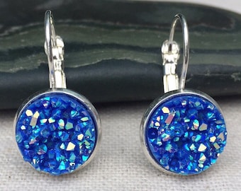 SALE - Blue Druzy Earrings - Cobalt Blue Earrings - Blue Lever Back Earrings - Blue Jewelry Gifts - Little Blue Earrings - Blue Earrings