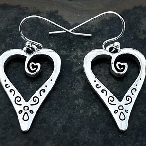 SALE - Silver Heart Earrings - Heart Dangle Earrings - Whimsical Heart Earrings - Valentine Earrings - Valentines Day Jewelry - Love Jewelry