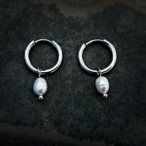Dainty Pearl Hoops - Pearl Huggie Hoops - Dainty Pearl Earrings - Silver Pearl Hoop Earrings - Freshwater Pearl Hoops - Pearl Jewelry Gifts