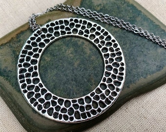 SALE - Open Circle Necklace - Big Geometric Necklace - Modern Statement Necklace - Rustic Boho Necklace - Bohemian Silver Necklace