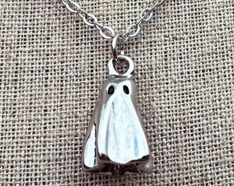 Silver Ghost Necklace - Ghost Pendant Necklace - Halloween Necklace - Ghost Jewelry Gifts - Halloween Jewelry Gifts - Ghost Gifts For Her