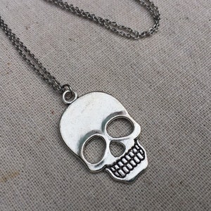 May include: A silver skull pendant necklace with a double chain.