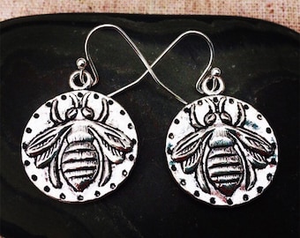 Silver Bee Dangle Earrings - Queen Bee Earrings - Silver Honeybee Earrings - Bumble Bee Earrings - Bee Jewelry Gifts - Bee Gifts For Her