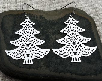 Christmas Tree Earrings - Holiday Earrings - Christmas Earrings - Silver Xmas Tree Earrings - Winter Earrings - Secret Santa Gifts