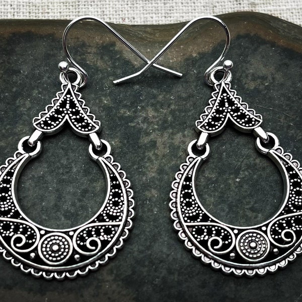 SALE - Boho Dangle Earrings - Bohemian Drop Earrings - Silver Teardrop Earrings - Silver Ethnic Earrings - Ornate Filigree Earrings