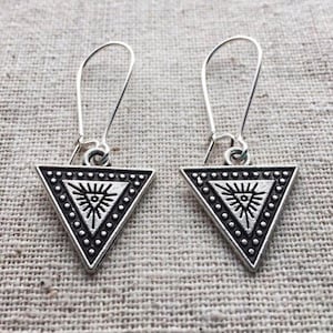 Aztec Dangle Earrings - Silver Geometric Earrings - Unique Triangle Earrings - Evil Eye Earrings - Bohemian Silver Jewelry