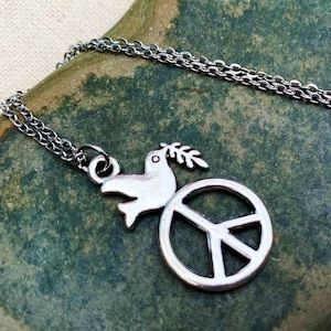 Peace Sign Necklace - Olive Branch Necklace - Silver Dove Necklace - Peace on Earth Jewelry - Peace and Dove Necklace - Peace Jewelry Gifts