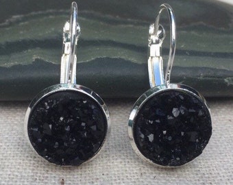 SALE - Black Druzy Earrings - Black Druzy Jewelry - Black Leverback Earrings - Little Black Earrings - Unique Black Earrings - Black Jewelry