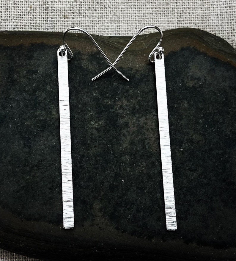 SALE Long Silver Earrings Minimalist Bar Earrings Modern Stick Earrings Skinny Geometric Dangle Earrings Elongated Drop Earrings image 1