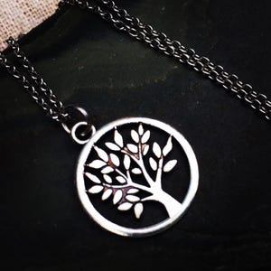 May include: Silver-tone necklace featuring a circular pendant with a tree of life design. The tree is depicted with a detailed trunk, branches, and leaves. The pendant hangs from a delicate chain, creating a simple yet elegant accessory.