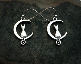 Cat & Moon Earrings - Dainty Cat Earrings - Cat Dangle Earrings - Cat Lover Gifts - Cat Jewelry Gifts - Crazy Cat Lady Gifts - Cat Moon Gift