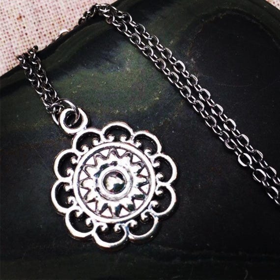 Boho Pendant Necklace - Silver Aztec Necklace - Southwestern Pendant Necklace - Silver Circle Necklace - Gifts For Her - Boho Jewelry Gifts