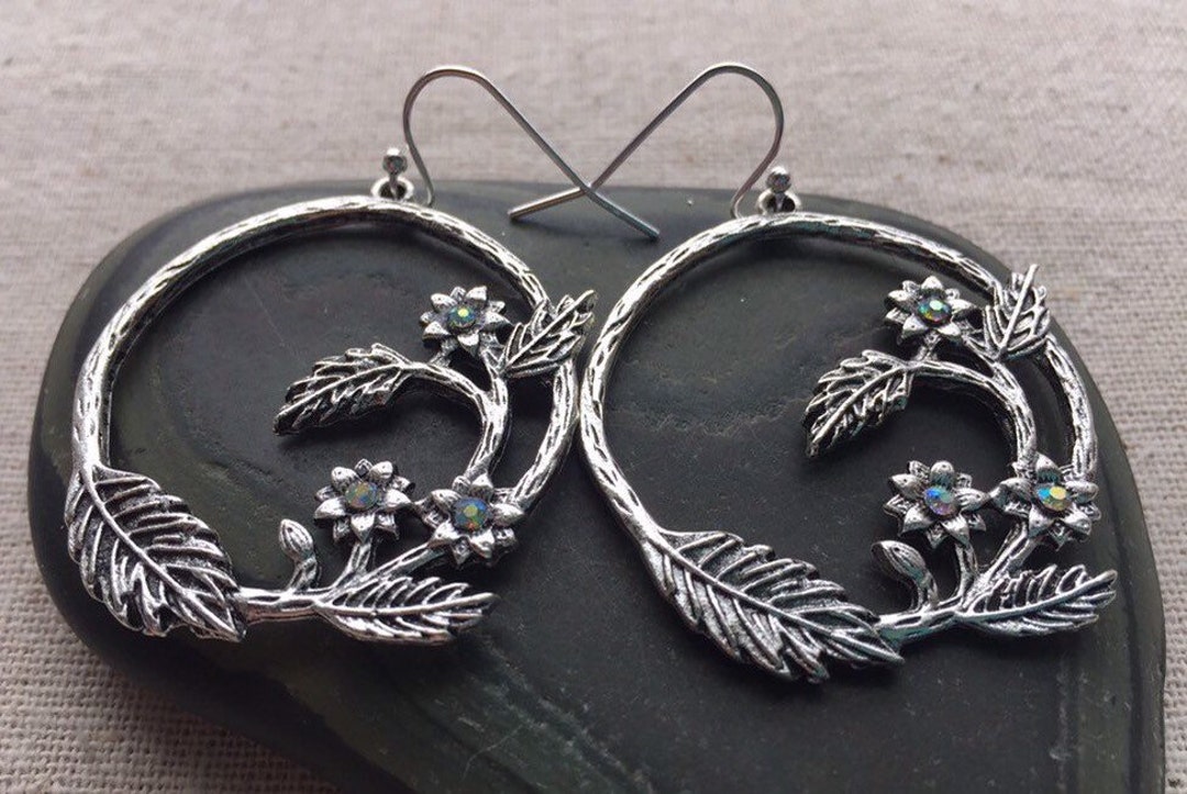 Botanical Hoop Earrings - Whimsical Nature Earrings - Woodland Dangle ...