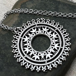 Filigree Silver Necklace - Silver Mandala Necklace - Statement Pendant Necklace - Ethnic Pendant Necklace - Silver Circle Necklace