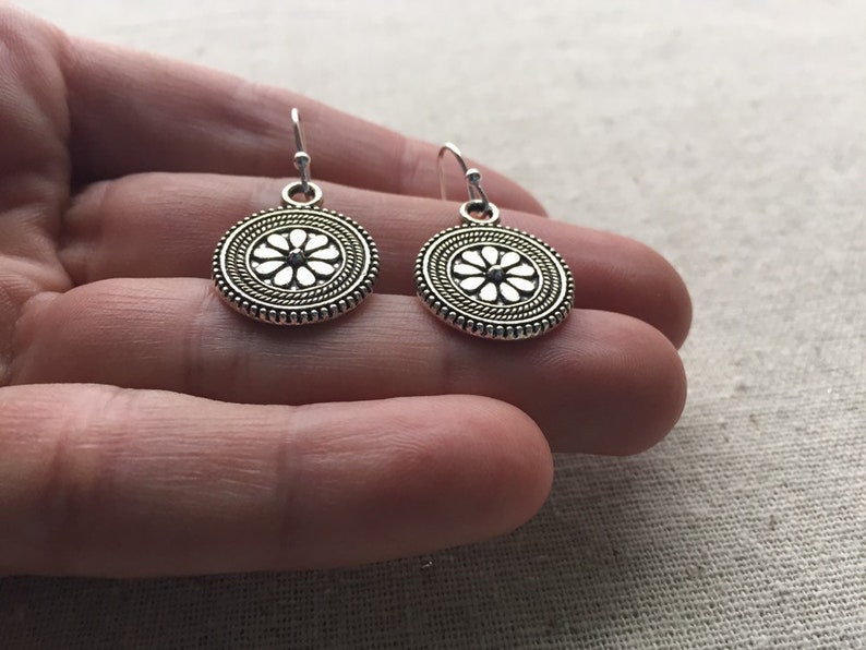 SALE Boho Flower Earrings Flower Disc Earrings Circle Flower Earrrings Bohemian Flower Jewelry Everyday Silver Jewelry image 7