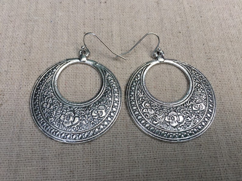 SALE Floral Hoop Earrings Silver Boho Hoop Earrings Floral Disc Earrings Bohemian Flower Earrings Boho Flower Hoops Boho Jewelry image 4