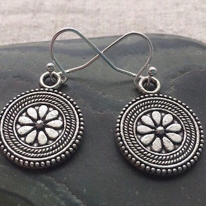 SALE Boho Flower Earrings Flower Disc Earrings Circle Flower Earrrings Bohemian Flower Jewelry Everyday Silver Jewelry image 1