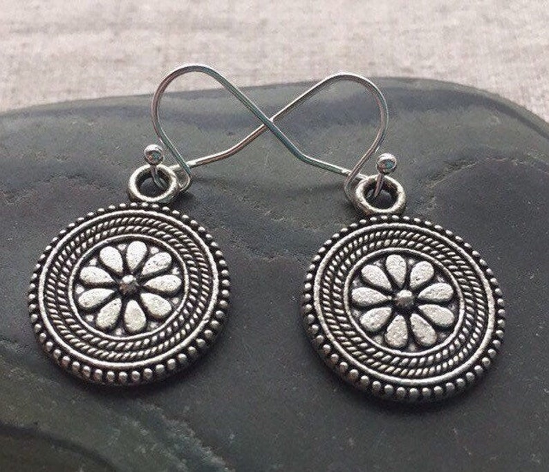 SALE Boho Flower Earrings Flower Disc Earrings Circle Flower Earrrings Bohemian Flower Jewelry Everyday Silver Jewelry image 1