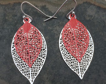 Orange Leaf Earrings - Orange Leaf Jewelry - Nature Lover Earrings - Silver Leaf Earrings - Orange Earrings - Filigree Leaf Earrings