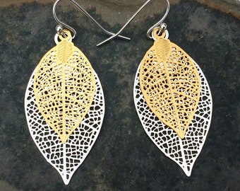 SALE - Gold Leaf Earrings - Silver Leaf Earrings - Mixed Metal Earrings - Filigree Leaf Earrings - Gold Silver Earrings - Nature Earrings