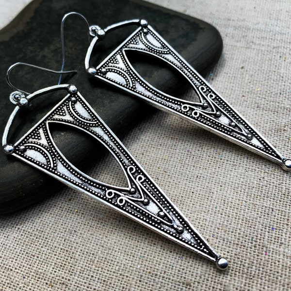 SALE - Long Bohemian Earrings - Big Ethnic Earrings - Boho Statement Earrings - Large Gypsy Earrings - Funky Silver Earrings - Boho Jewelry