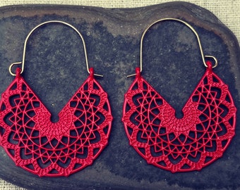 Red Hoop Earrings - Red Mandala Hoops - Red Boho Hoops - Red Boho Earrings - Red Mandala Earrings - Red Jewelry Gifts - Red Gifts For Her