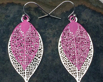 SALE - Pink Leaf Earrings - Pink Nature Earrings - Pink Dangle Earrings - Pink Lover Jewelry - Pink Jewelry Gifts - Silver Pink Earrings