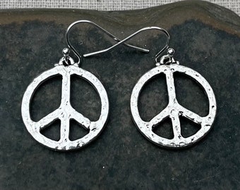 SALE - Silver Peace Earrings - Peace Sign Earrings - Peace Sign Jewelry - Peace Dangle Earrings - Peace Sign Gifts - Peace Sign Drop Earring