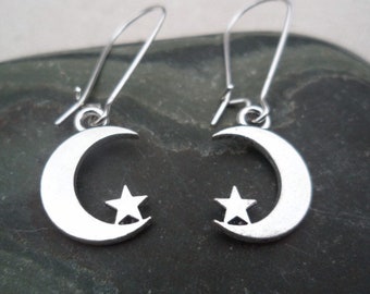 SALE - Moon & Star Earrings - Celestial Earrings - Dainty Moon Earrings - Moon Dangle Earrings - Small Moon Earrings - Little Star Earrings