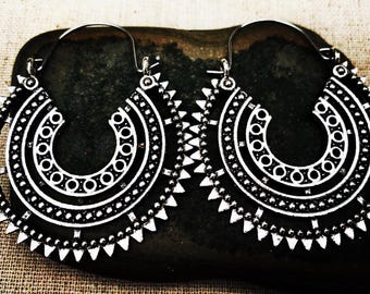 Large Ethnic Hoops - Big Tribal Hoops - Boho Hoop Earrings - Big Bohemian Earrings - Silver Hoop Earrings - Ethnic Tribal Earrings