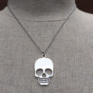 May include: A silver chain necklace with a silver skull pendant. The skull is detailed with eye sockets, a nose, and a mouth.
