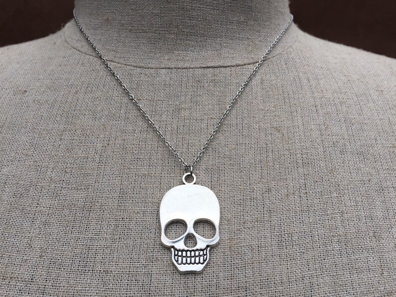 May include: A silver chain necklace with a silver skull pendant. The skull is detailed with eye sockets, a nose, and a mouth.