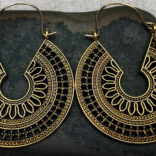 SALE - Big Boho Hoops - Large Gold Hoops - Ethnic Gold Hoops - Gold Bohemian Earrings - Big Gold Hoops - Gold Hoop Earrings - Boho Jewelry