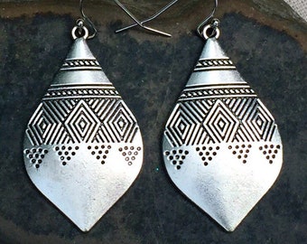 SALE - Aztec Dangle Earrings - Ethnic Drop Earrings - Silver Boho Earrings - Big Teardrop Earrings - Southwestern Earrings - Boho Jewelry