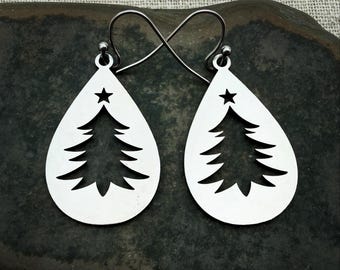 Christmas Tree Dangle Earrings - Silver Christmas Tree Earrings - Minimalist Christmas Earrings - Modern Christmas Earrings - Xmas Jewelry