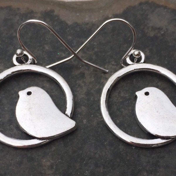 SALE - Mama Bird Earrings - Silver Bird Earrings - Bird Hoop Earrings - Bird Lover Earrings - Bird Earrings - Bird Jewelry - Bird Gifts