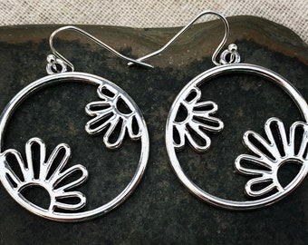 SALE - Flower Hoop Earrings - Mod Flower Earrings - Whimsical Flower Earrings - Silver Flower Earrings - Boho Flower Earrings - Boho Jewelry