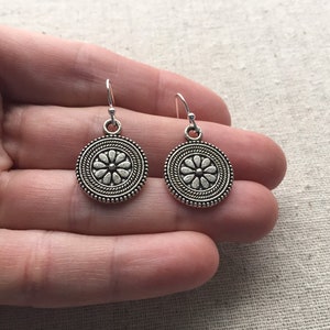 SALE Boho Flower Earrings Flower Disc Earrings Circle Flower Earrrings Bohemian Flower Jewelry Everyday Silver Jewelry image 6