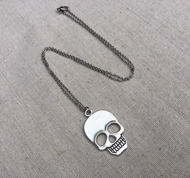 May include: A silver chain necklace with a silver skull pendant. The skull is detailed with eye sockets, a nose, and a mouth.