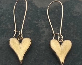 SALE - Gold Heart Earrings - Gold Dangle Heart Earrings - Gold Heart Drop Earrings - Little Gold Heart Earrings - Puffy Gold Heart Earrings