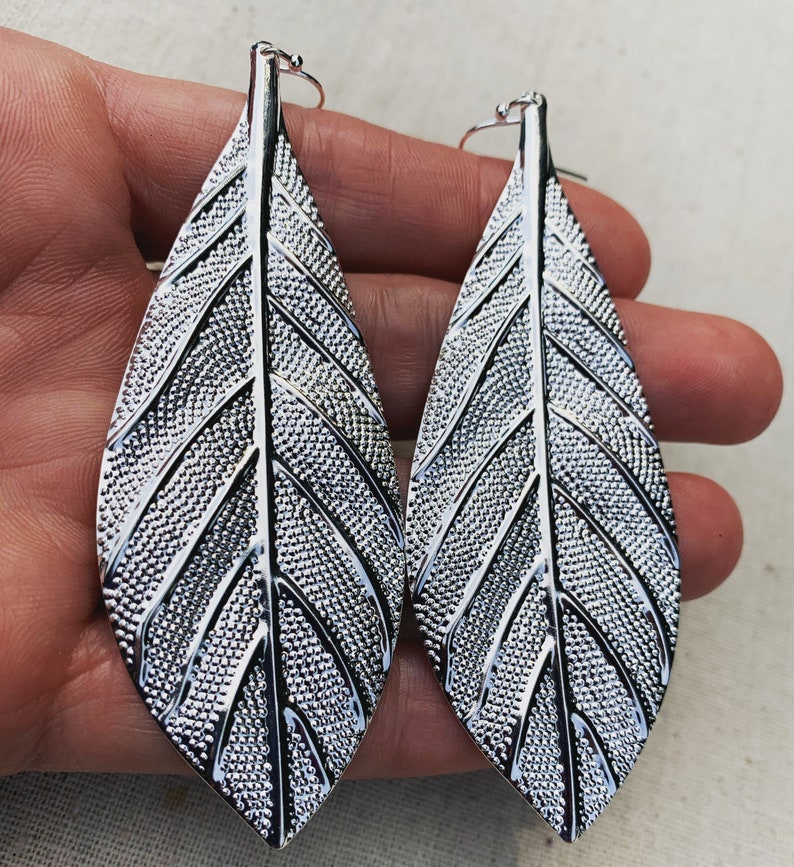 SALE Large Leaf Earrings Big Leaf Earrings Statement Leaf Earrings Boho Leaf Earrings Huge Leaf Earrings Silver Leaf Earrings image 4