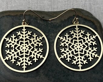 SALE - Gold Snowflake Earrings - Gold Snowflake Jewelry - Gold Winter Earrings - Gold Holiday Earrings - Festive Gold Earrings Christmas