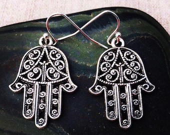 Silver Hamsa Earrings - Hand of Fatima Earrings - Evil Eye Earrings - Protection Jewelry Gifts - Evil Eye Gifts - Gifts For Her