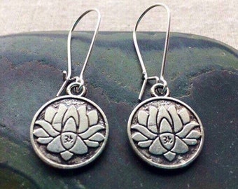 SALE - Lotus Flower Earrings - Yoga Meditation Jewelry - Lotus Disc Earrings - Lotus Dangle Earrings - Lotus Jewelry Gifts