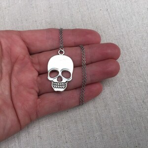 May include: A silver skull pendant necklace with a delicate chain. The skull is detailed with eye sockets, a nose, and a mouth.