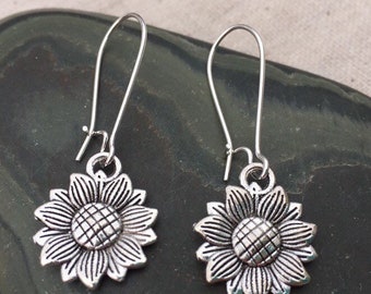 SALE - Dangle Sunflower Earrings - Silver Sunflower Earrings - Sunflower Drop Earrings - Sunflower Jewelry Gifts