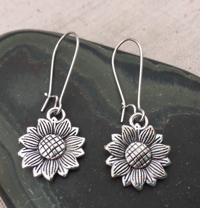 SALE Dangle Sunflower Earrings Silver Sunflower Earrings Sunflower Drop Earrings Sunflower Jewelry Gifts image 1