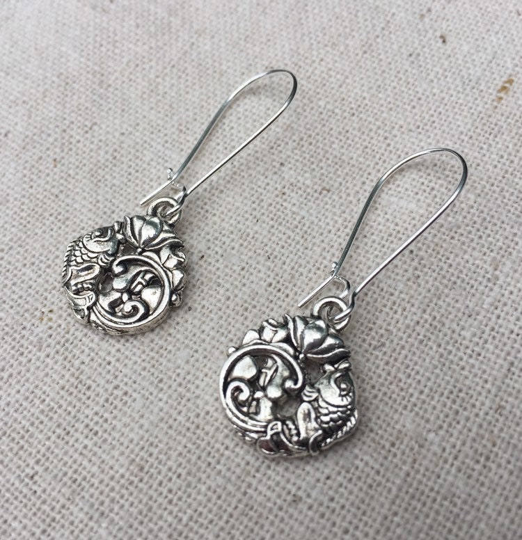 SALE Koi Fish Earrings Lotus Dangle Earrings Silver Fish | Etsy