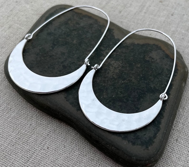 SALE Hammered Hoop Earrings Minimalist Hoop Earrings Modern Hoop Earrings Silver Hoop Earrings Crescent Hoop Earrings image 4