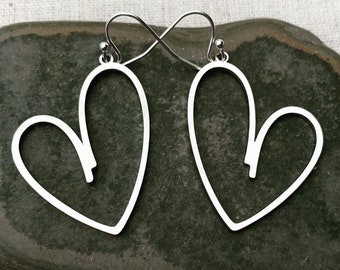 SALE - Modern Heart Earrings - Silver Heart Earrings - Dangle Heart Earrings - Minimalist Heart Earrings - Valentine's Day Earrings